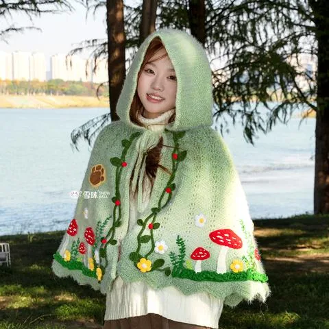雪球丁达尔森林牧歌斗篷材料包视频教程图解蘑菇毛线连帽披肩可爱