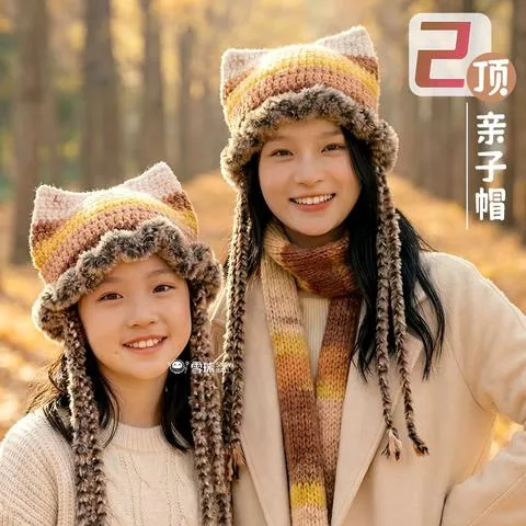 雪球知暖亲子款2顶猫耳帽材料包送0基础视频教程图解diy手工编织