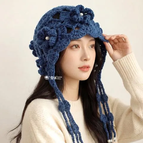 雪球南竹花朵水母帽材料包送0基础视频教程图解diy手工编织秋冬钩