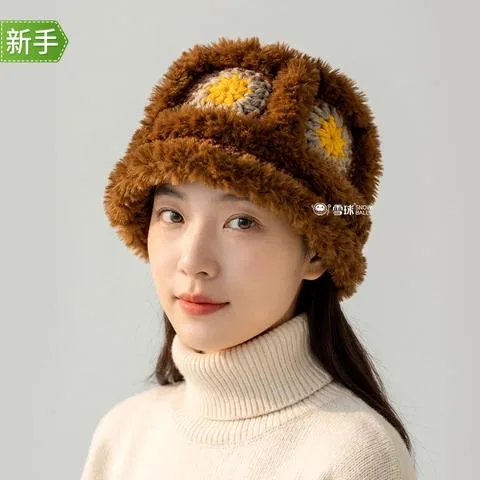 雪球兔兔绒祖母格帽子材料包送0基础视频教程图解diy手工编织钩针
