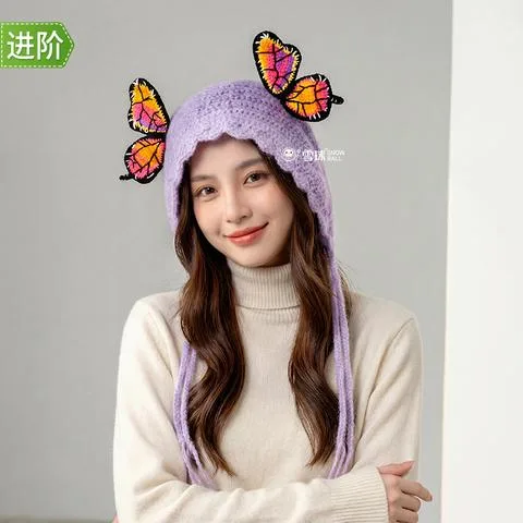 雪球丁达尔羊毛线蝴蝶帽材料包送0基础视频教程图解diy冬季保暖