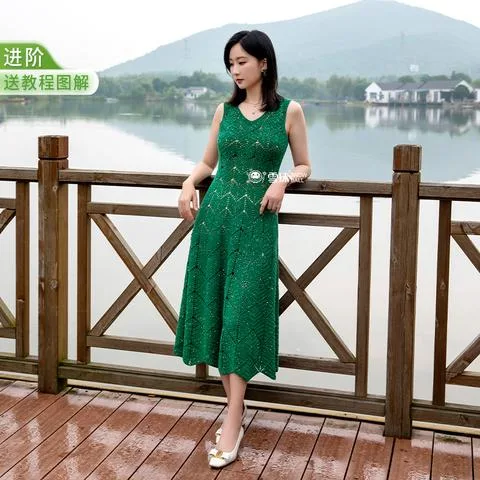 雪球绿菱星裙材料包视频教程图解玉棉手工编织亮片针织无袖连衣裙