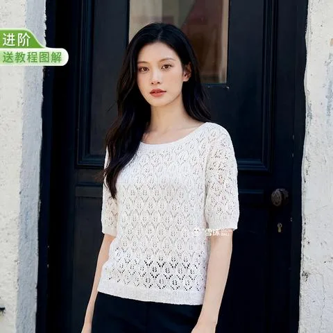 雪球叶疏短袖上衣材料包视频教程图解diy毛线编织夏亮片针织衫钩