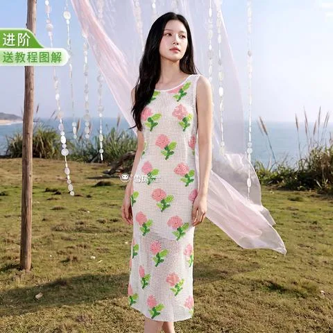 雪球玫瑰华尔兹材料包玉棉手工编织无袖连衣裙女通勤居家背心钩针