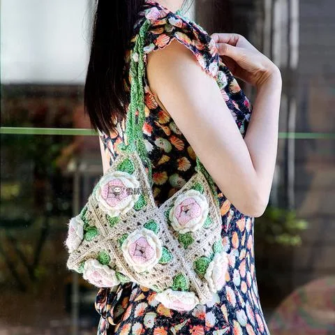 雪球【成品】山茶花恋手拎包手工编织DIY布艺成品